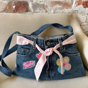 BARBIE HANDMADE BAG. MADE WITH A CUT AND SEWN DENIM BLUE JEAN. CUTE PATCHES